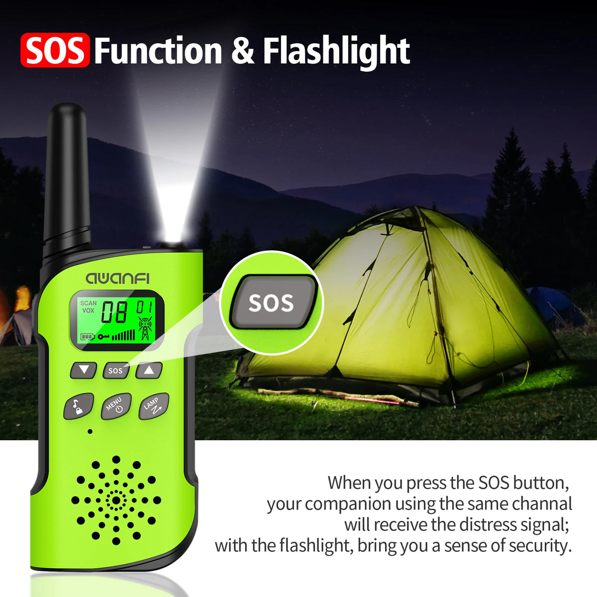 AWANFI Rechargeable Walkie Talkies With Flashlight For Camping