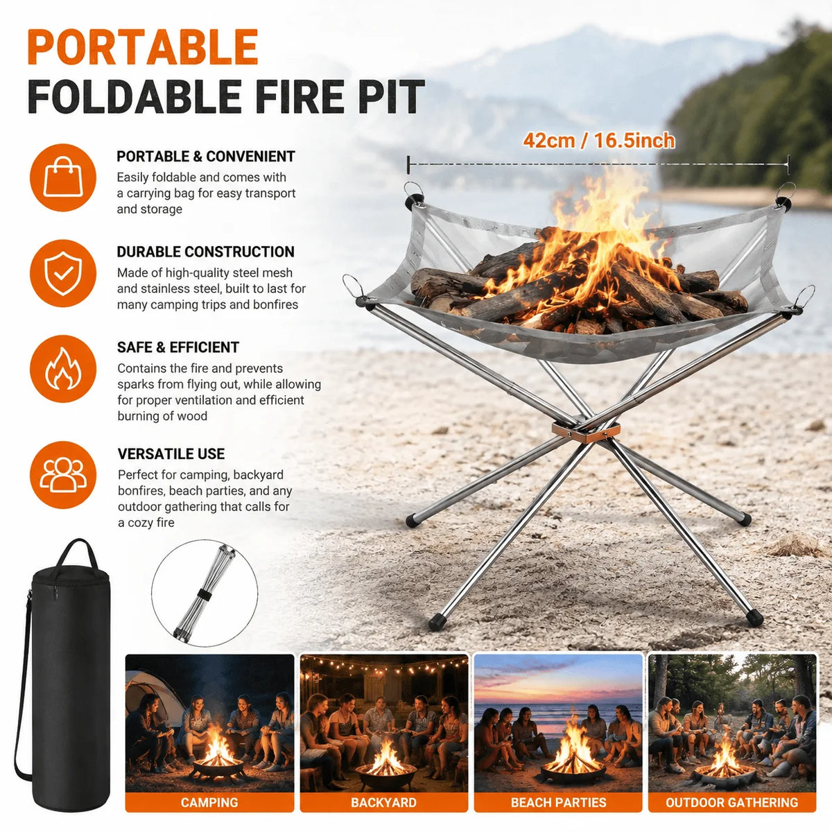 Portable Folding Stainless Steel Mesh Wood Burning Fire Pit
