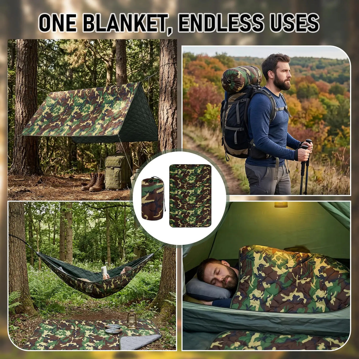 Portable Quilted Outdoor Camping Blanket and Survival Poncho Liner