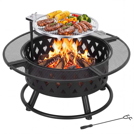 HiMISS Wood Burning Fire Pit With Grill Grate Mesh Guard