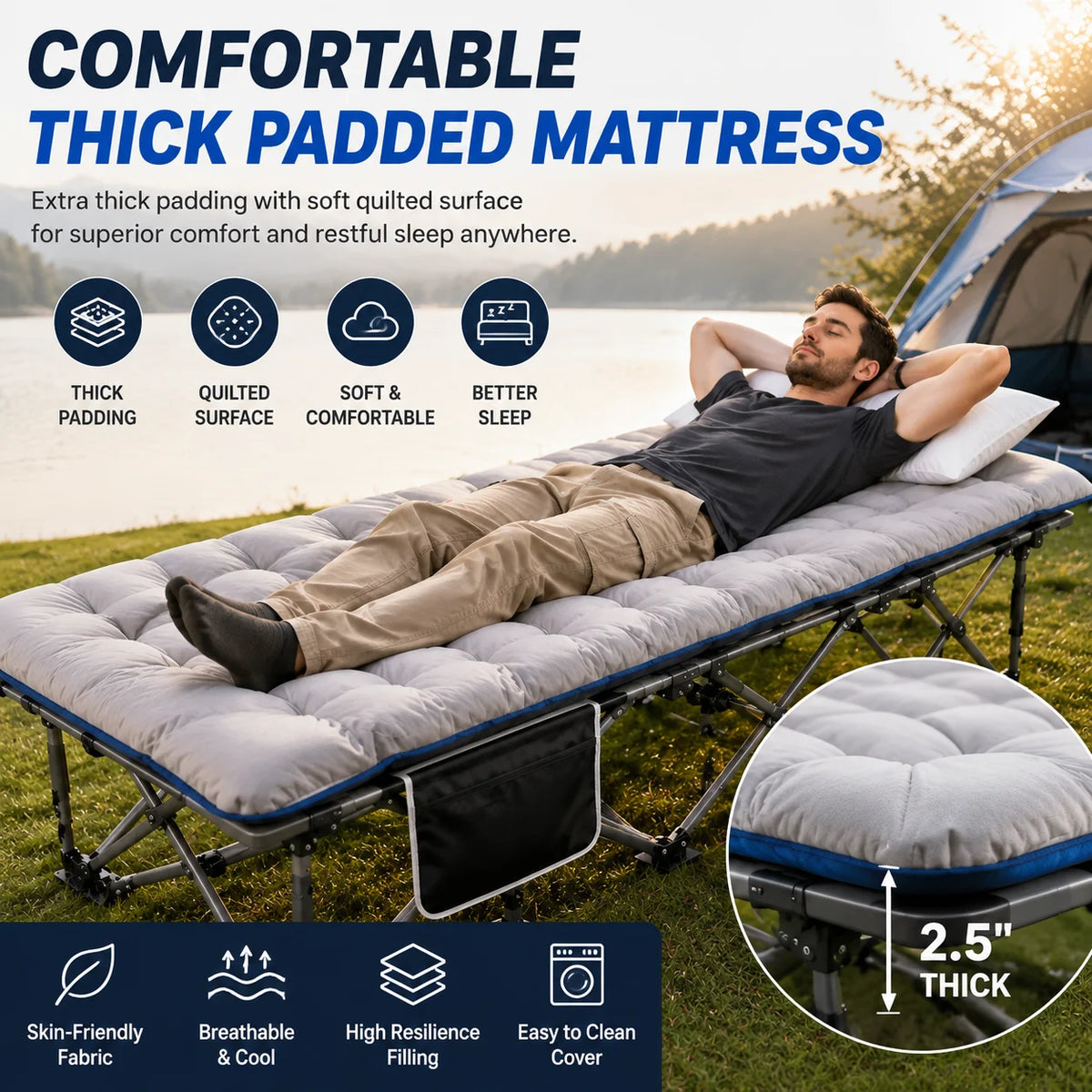 Portable Folding Camping Cot With Thick Padded Mattress For Camping and Travel