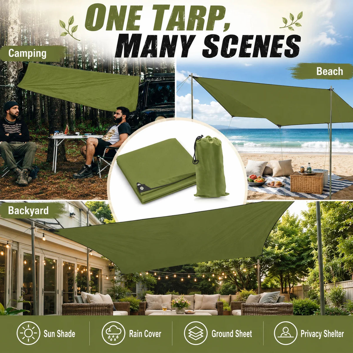 Waterproof Outdoor Camping Tarp And Sun Shade Canopy With Grommets