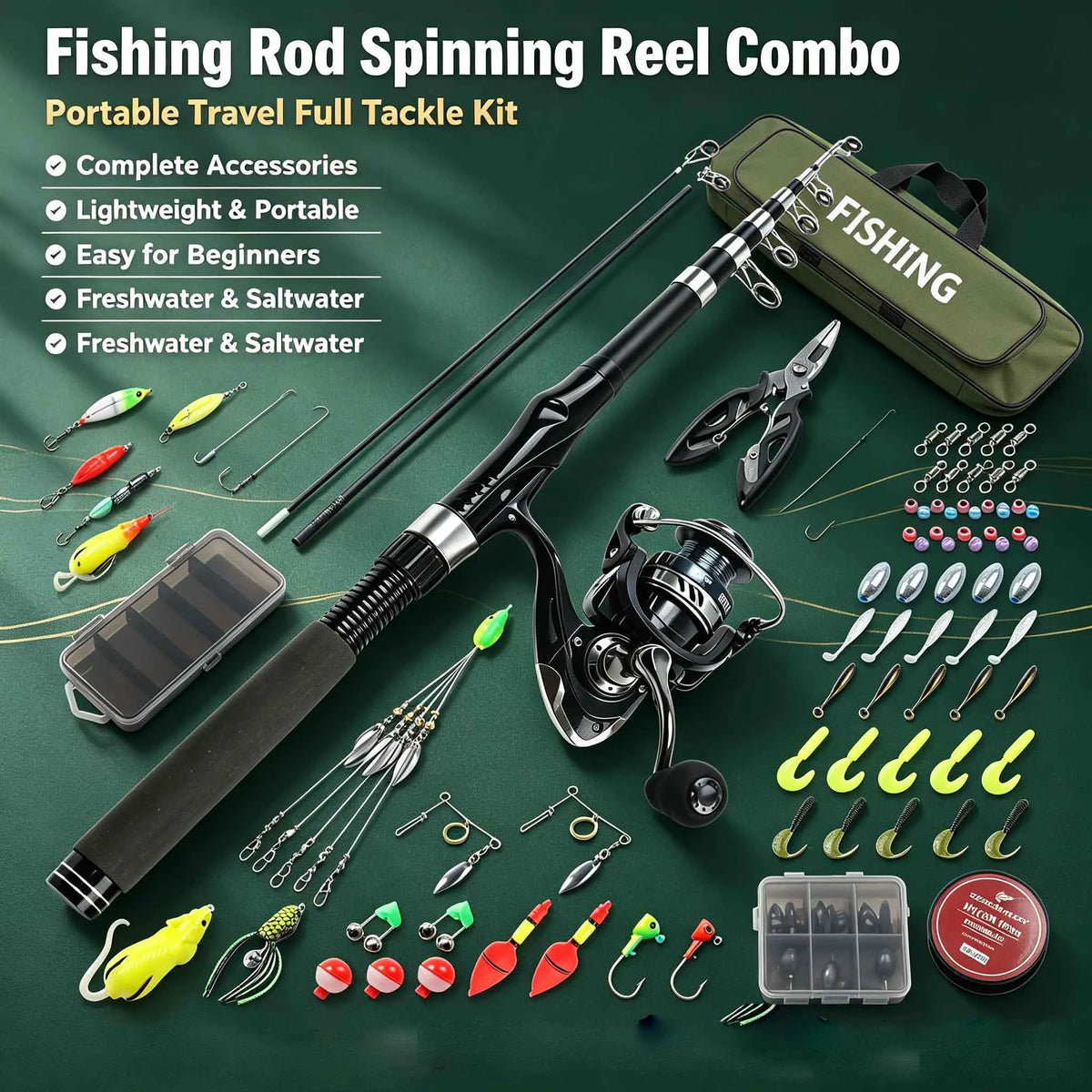 Portable Fishing Rod And Reel Combo With Tackle Kit