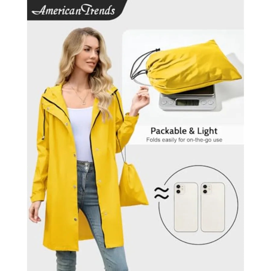 Women Packable Waterproof Hooded Rain Jacket Windbreaker