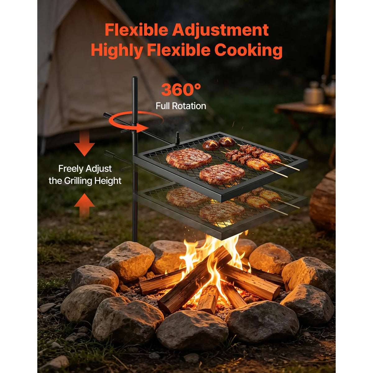SucceBuy Portable Swivel Campfire Grill for Open Flame Cooking