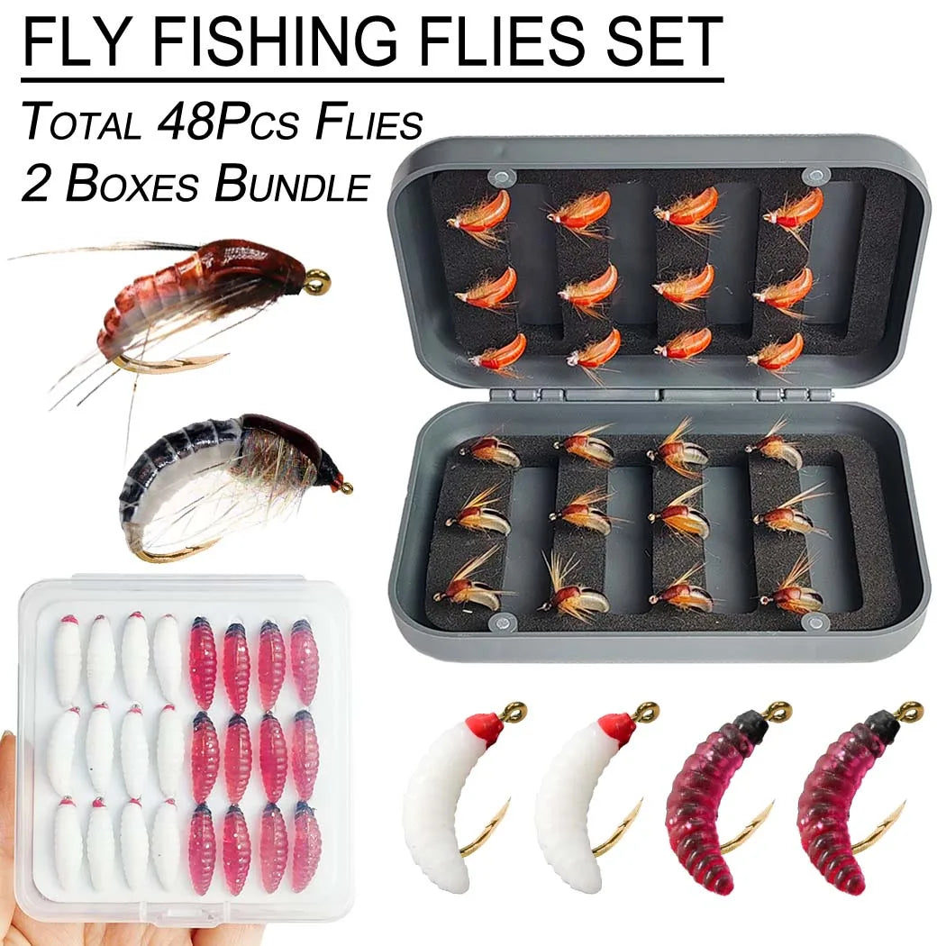 Wet Dry Fly Fishing Set With Nymphs And Two Boxes