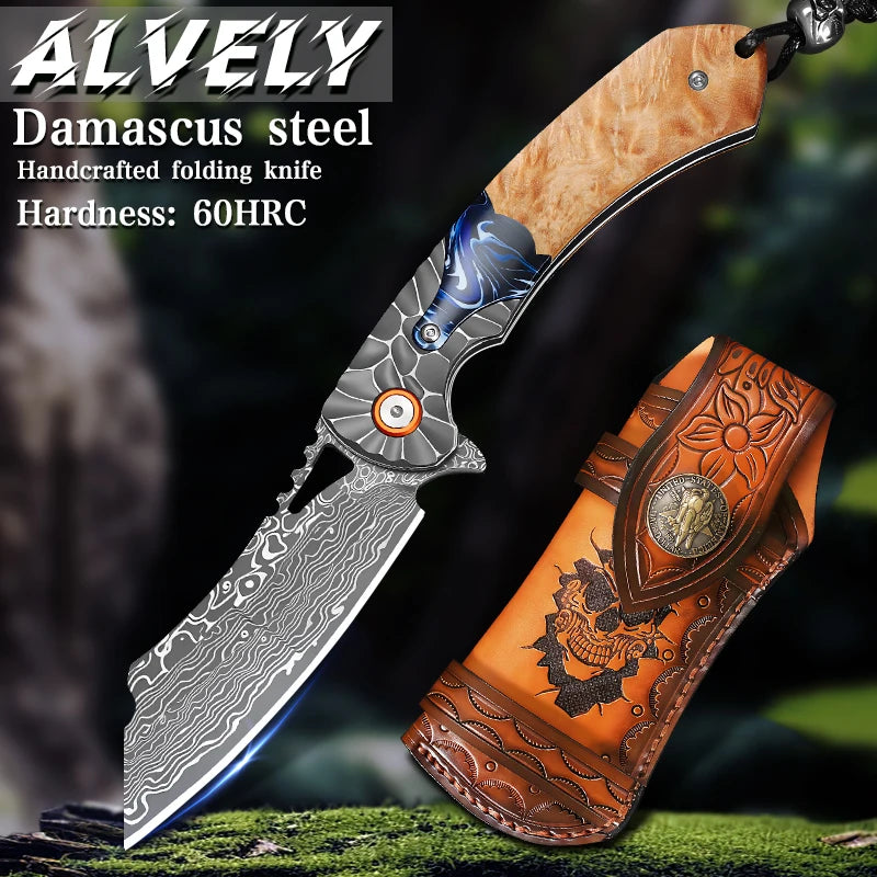 ALVELY Handcrafted Damascus Steel Folding Pocket Knife With Leather Sheath