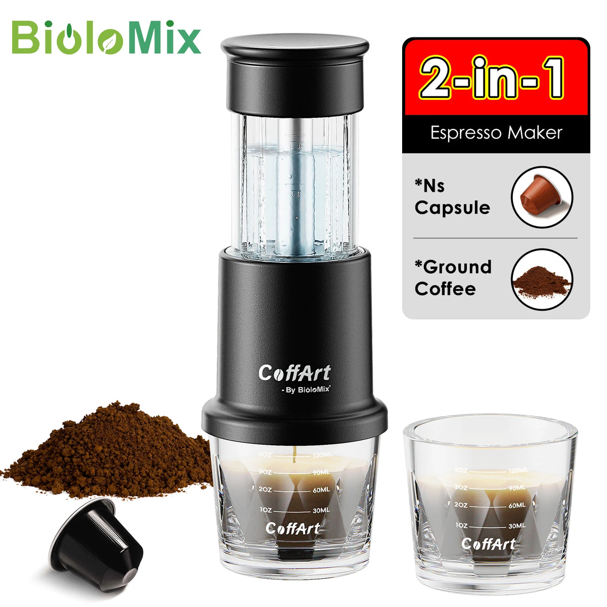 BioloMix Portable Manual Espresso Coffee Maker For Ground And Capsules