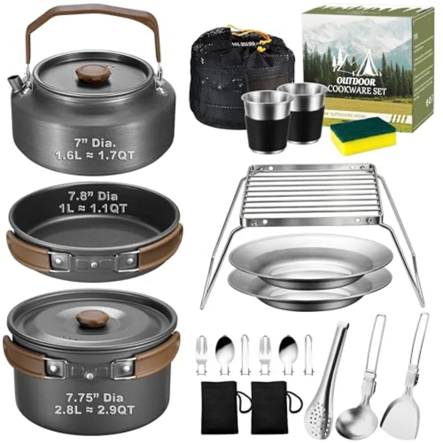 18PCS Stainless Steel Camping Cookware Pot Pan And Kettle Set