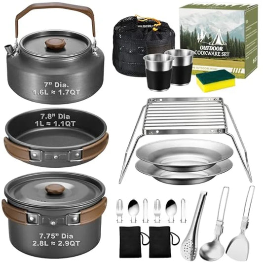 18PCS Stainless Steel Camping Cookware Pot Pan And Kettle Set