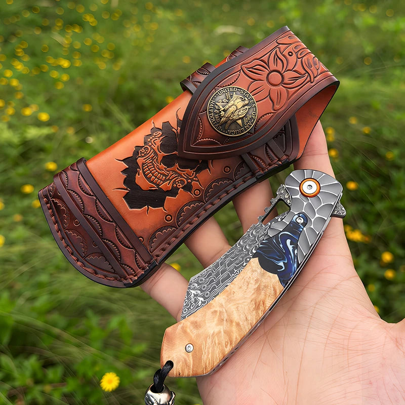 ALVELY Handcrafted Damascus Steel Folding Pocket Knife With Leather Sheath