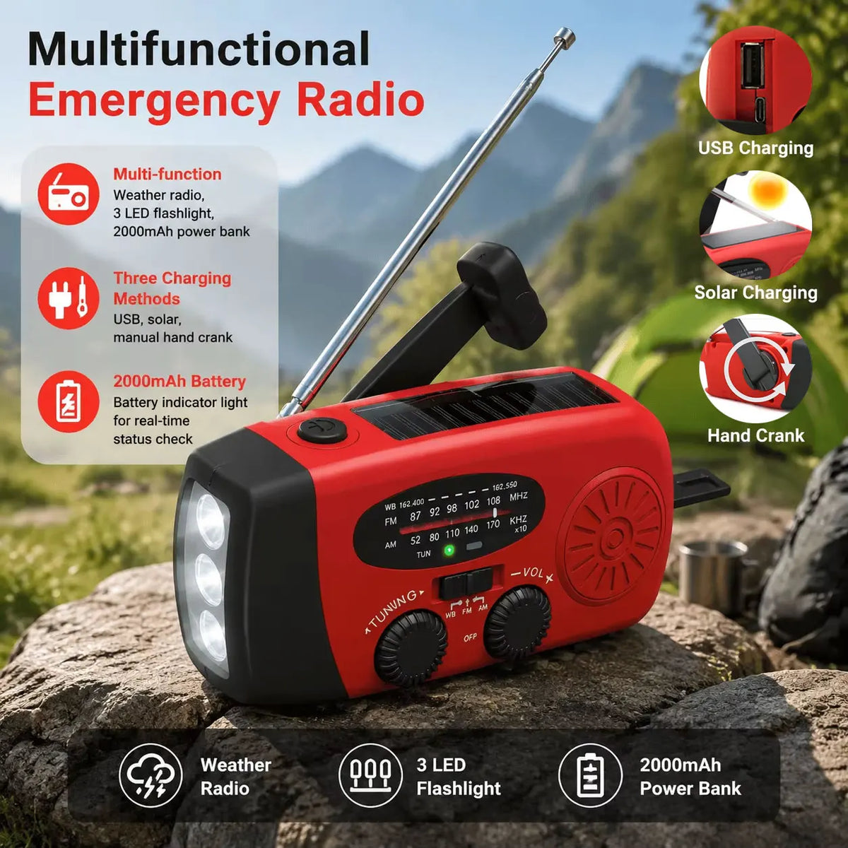 Solar Hand Crank Emergency Weather Radio With Power Bank Flashlight