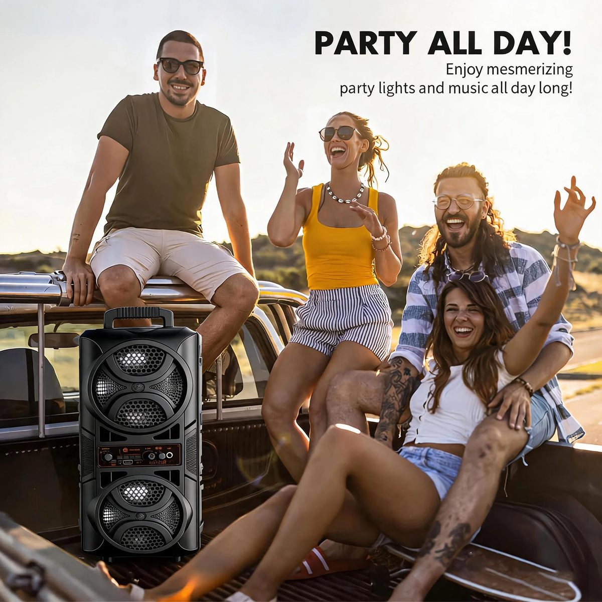 Portable Bluetooth Party Speaker With Dual Subwoofers And Microphone