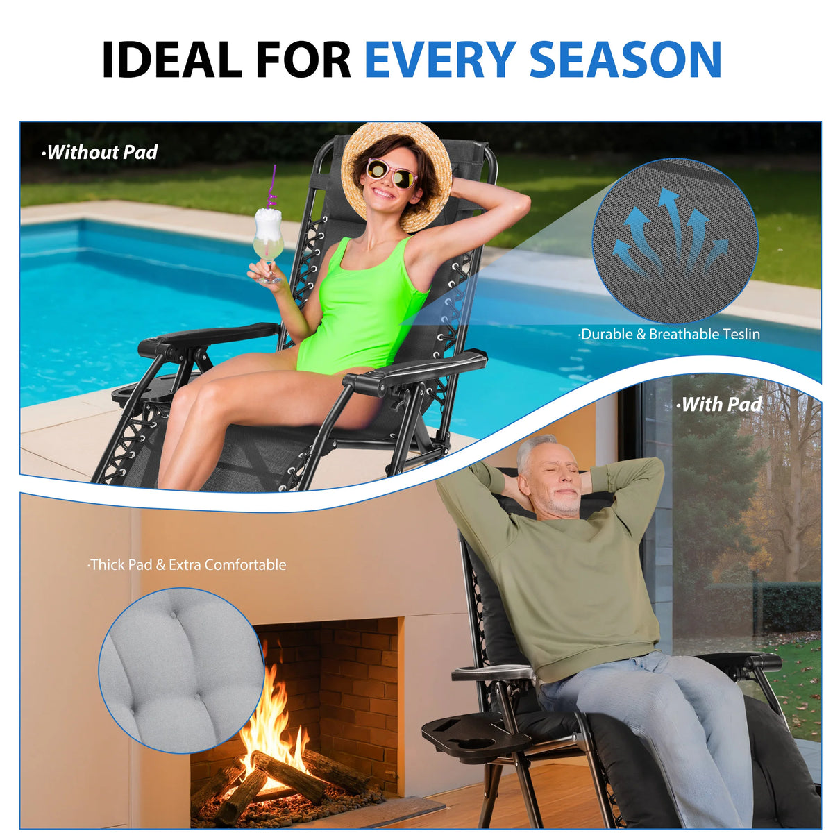 MCQ Zero Gravity Outdoor Folding Cushioned Lounge Chair