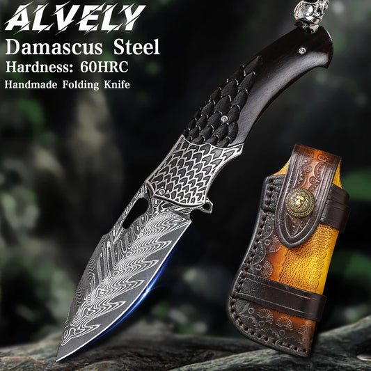 ALVELY Handmade Damascus Steel Folding Pocket Knife With Sheath