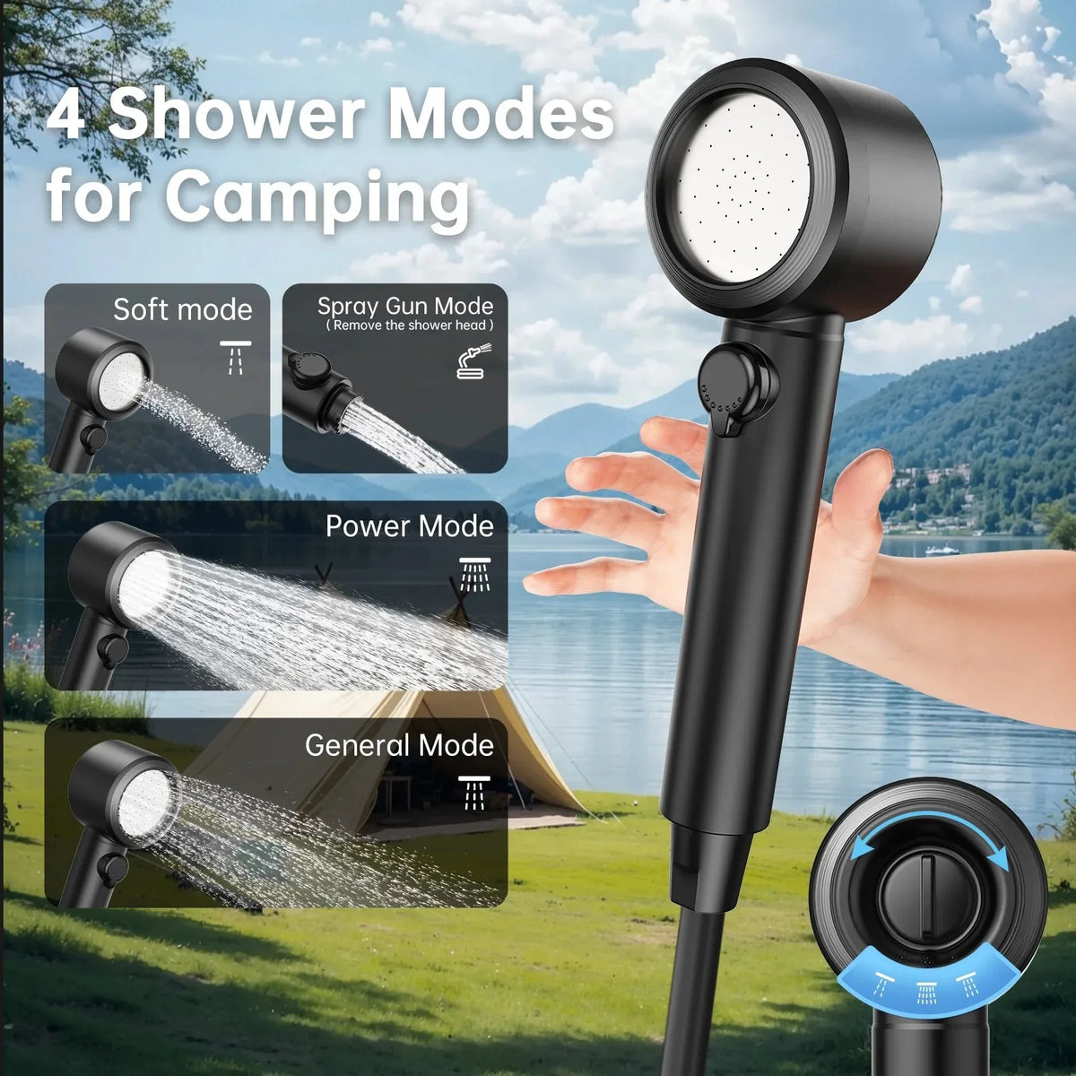 Portable Camping Shower With Rechargeable Pump And Four Spray Modes