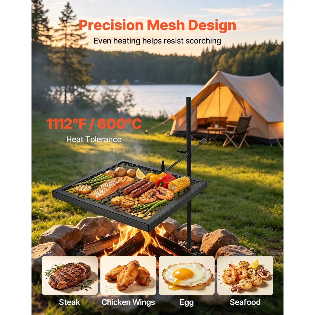 SucceBuy Portable Swivel Campfire Grill for Open Flame Cooking