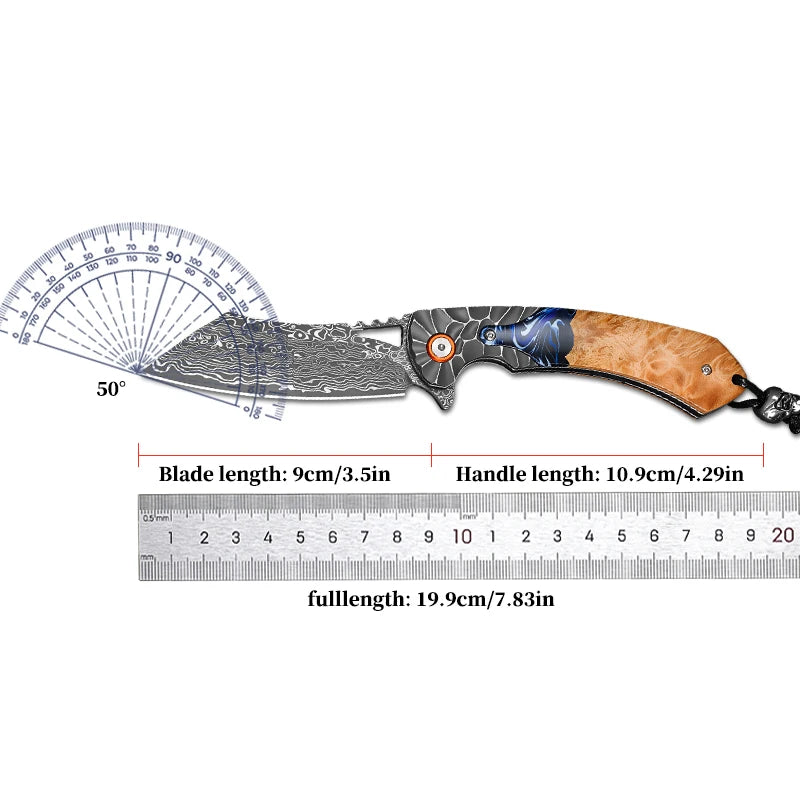 ALVELY Handcrafted Damascus Steel Folding Pocket Knife With Leather Sheath