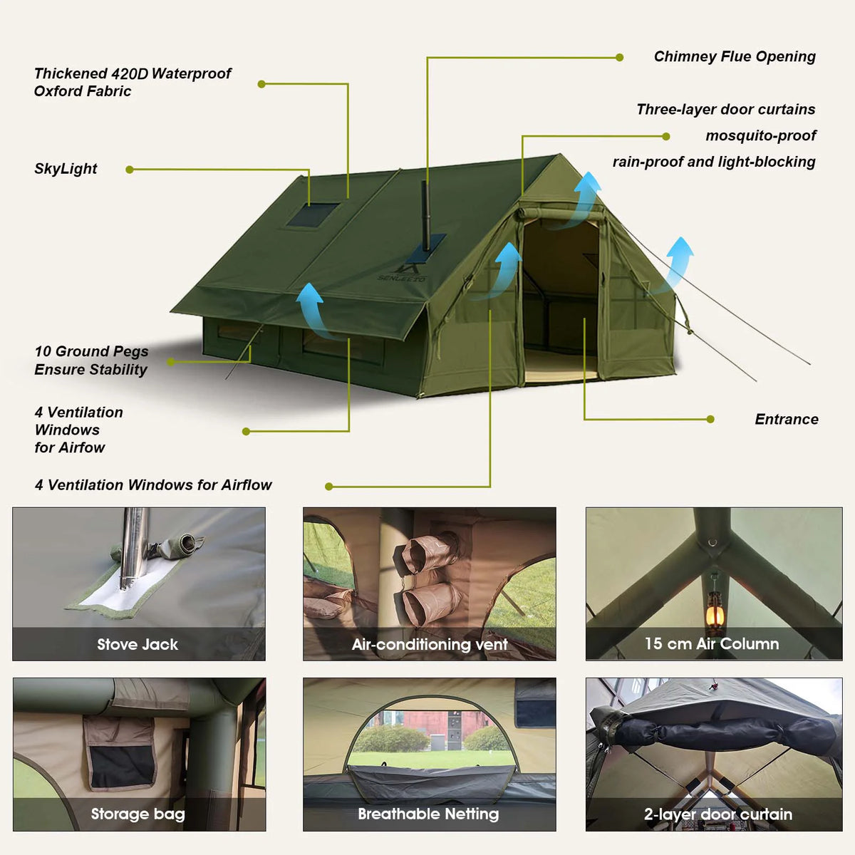 SENLEETO Inflatable Glamping Tent With Stove Jack And AC Vent