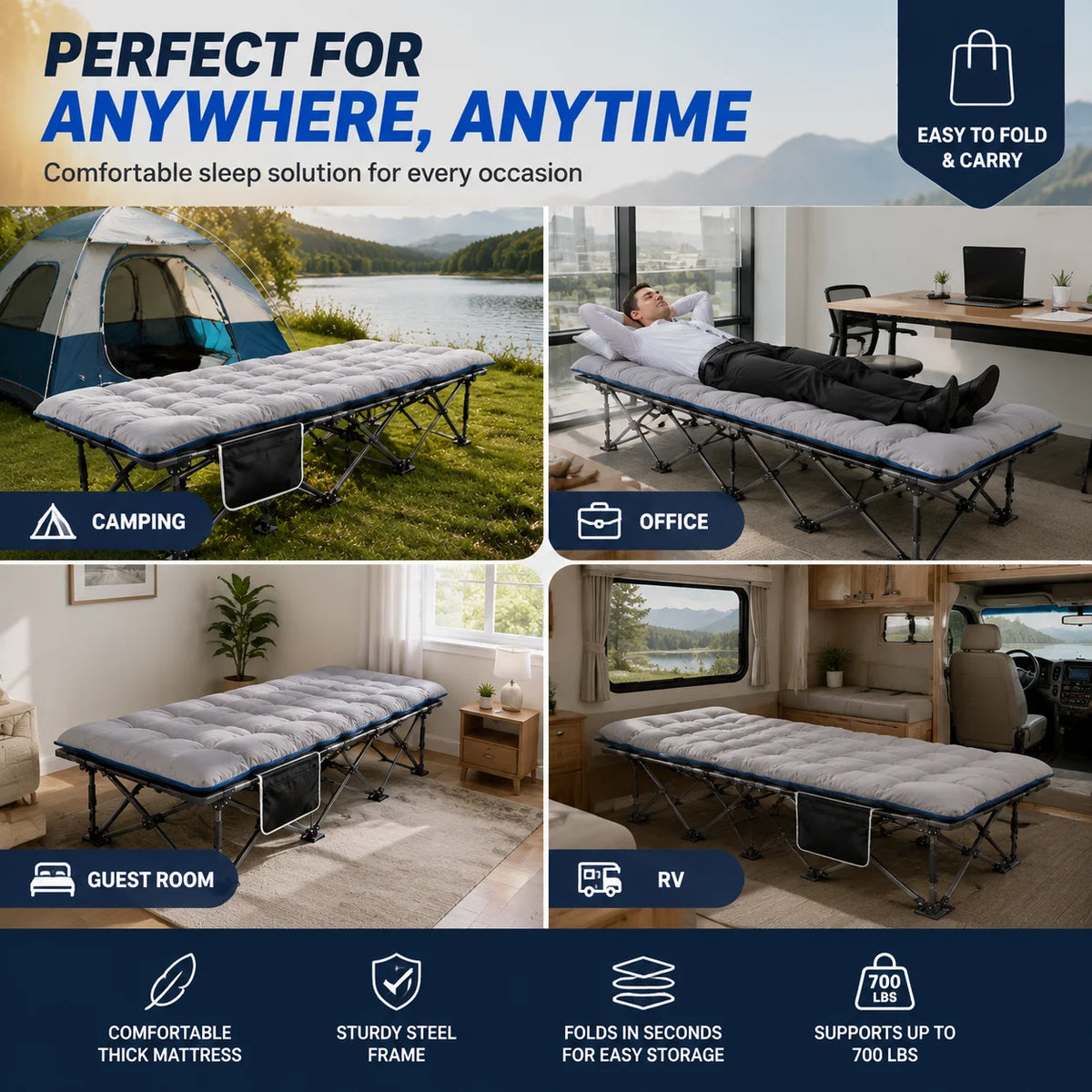 Portable Folding Camping Cot With Thick Padded Mattress For Camping and Travel