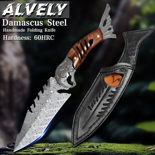 ALVELY Damascus Steel Fixed Blade Outdoor Survival Knife