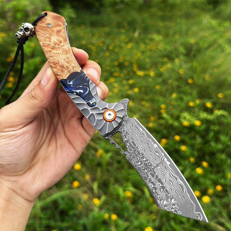 ALVELY Handcrafted Damascus Steel Folding Pocket Knife With Leather Sheath