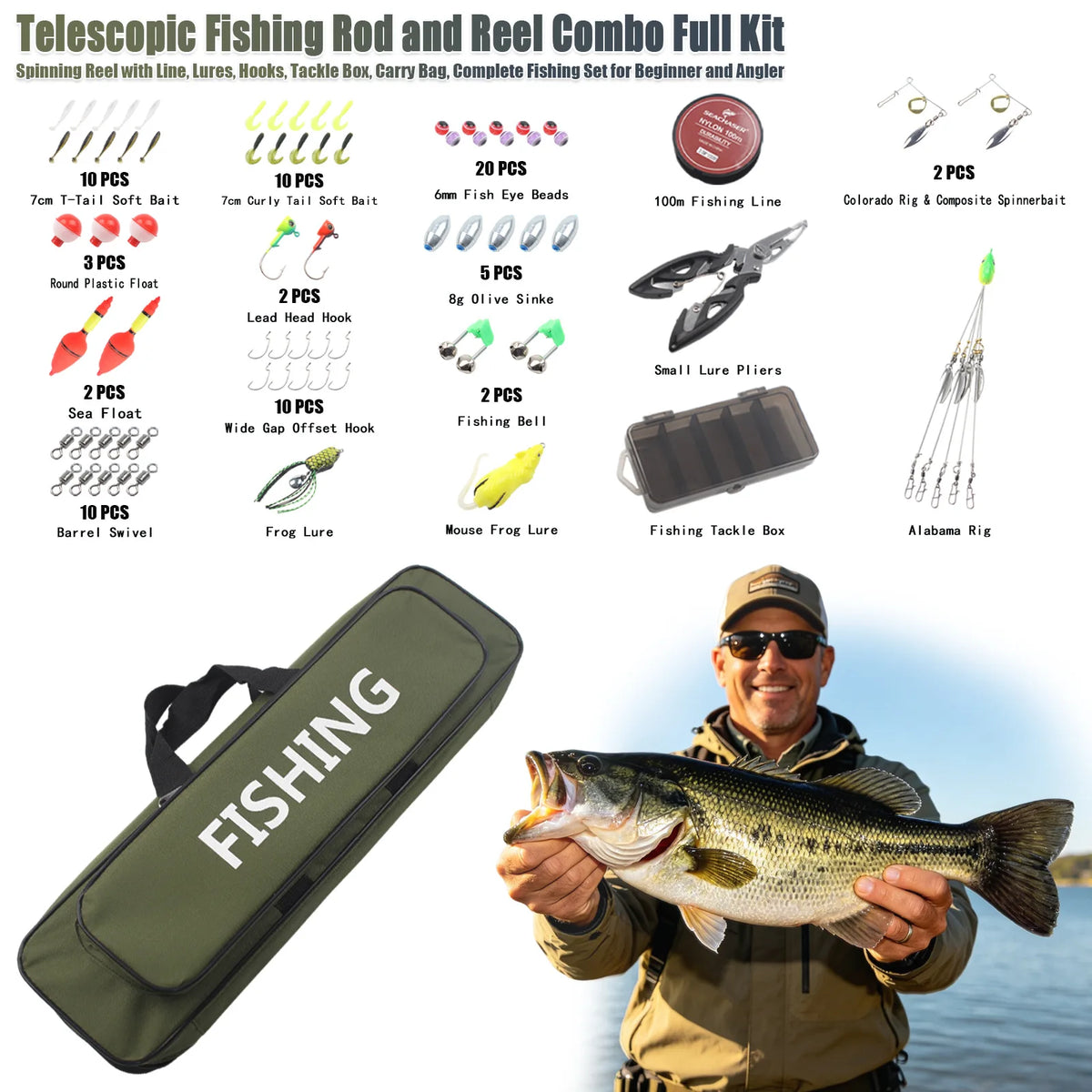 Portable Fishing Rod And Reel Combo With Tackle Kit