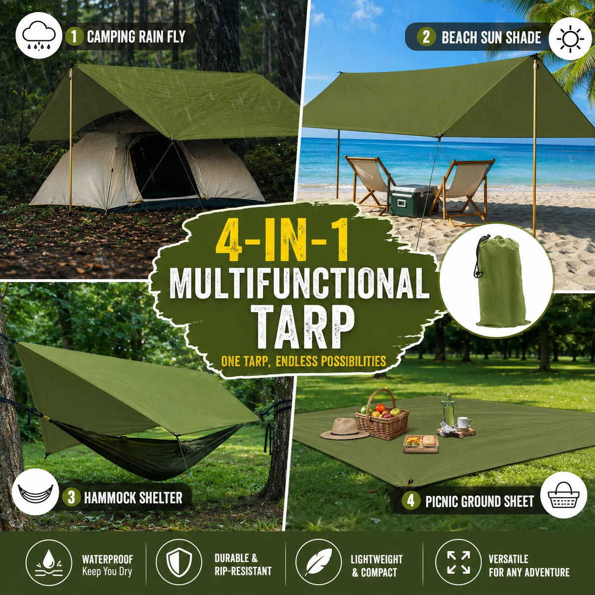 Waterproof Outdoor Camping Tarp And Sun Shade Canopy With Grommets