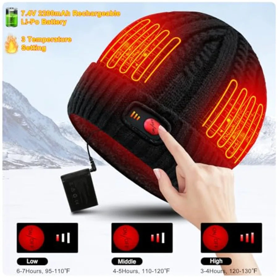 Rechargeable Heated Knit Beanie Hat For Outdoor Activities