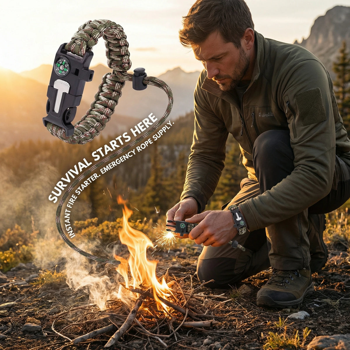Adjustable Paracord Survival Bracelet With Fire Starter And Compass